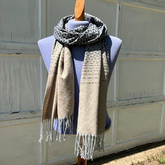 Cleo Shawl Wrap Long Scarf with Fringe Ends Beige Grey Woven Polyester 20x72" - Picture 4 of 6